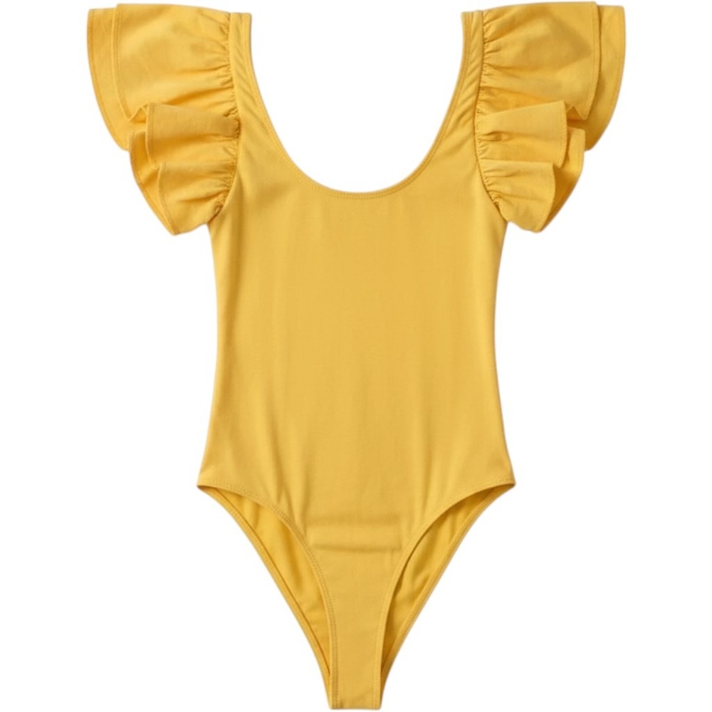Zara Yellow Ribbed Ruffle Sleeve Bodice Scoop Neck Bodysuit Medium
